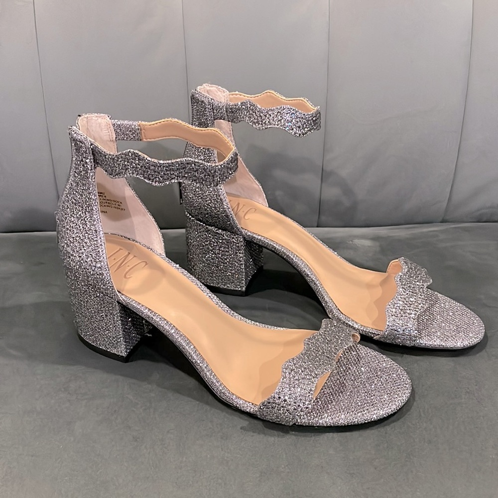 I•N•C heels, size 7.5W medium, Silver Glitter Gemstones. (Like New)